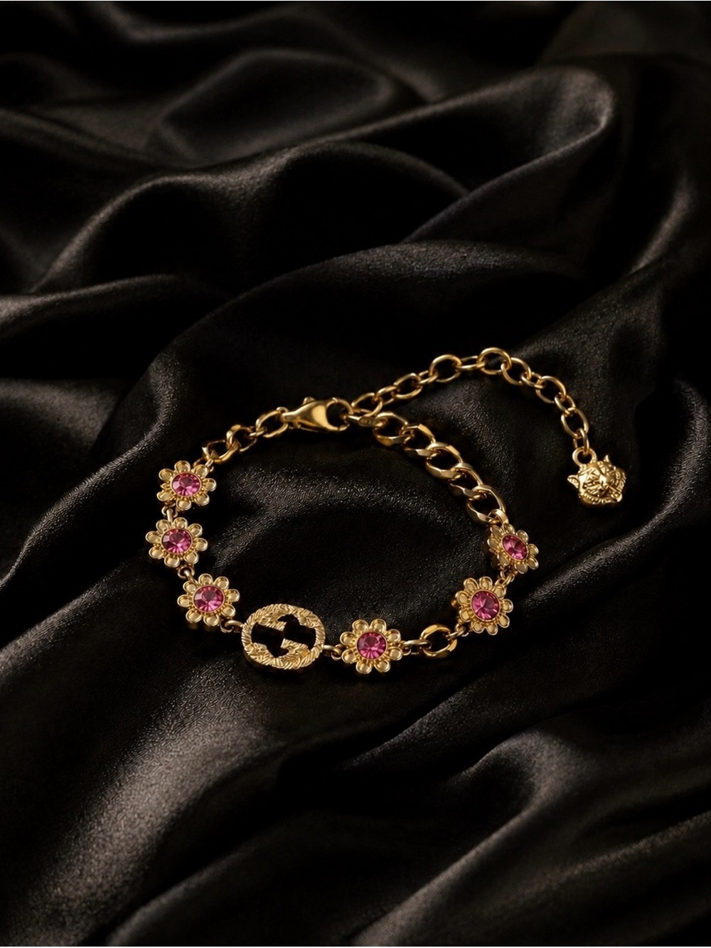 Gold GG Logo Flower Link Bracelet with Pink Crystals